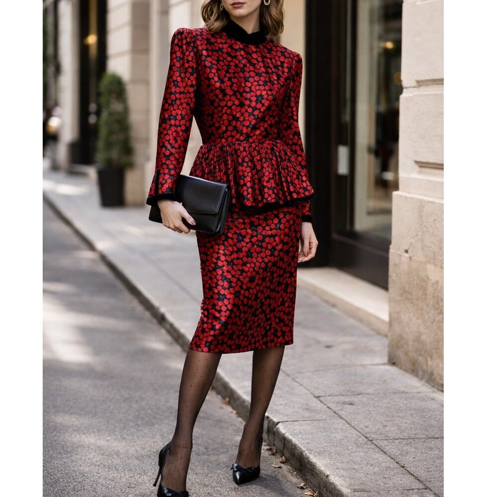 Enrico Gelini vintage 80s designer 100% silk secretary dress red black size S